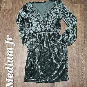 Crushed Velvet Long Sleeve Wrap Dress - Green